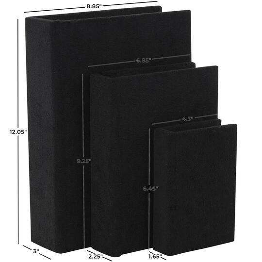 Black Velvet Textured Decorative Book Box with Gold Page Detailing, 3ct.
